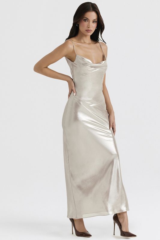 Cream House Of Cb Shimmer Low Back Maxi  Dress | EHT-908675