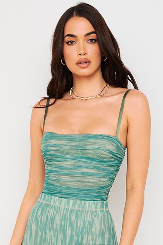 Dark Green House Of Cb Print Ruched Mesh Bodysuit | DJB-743265