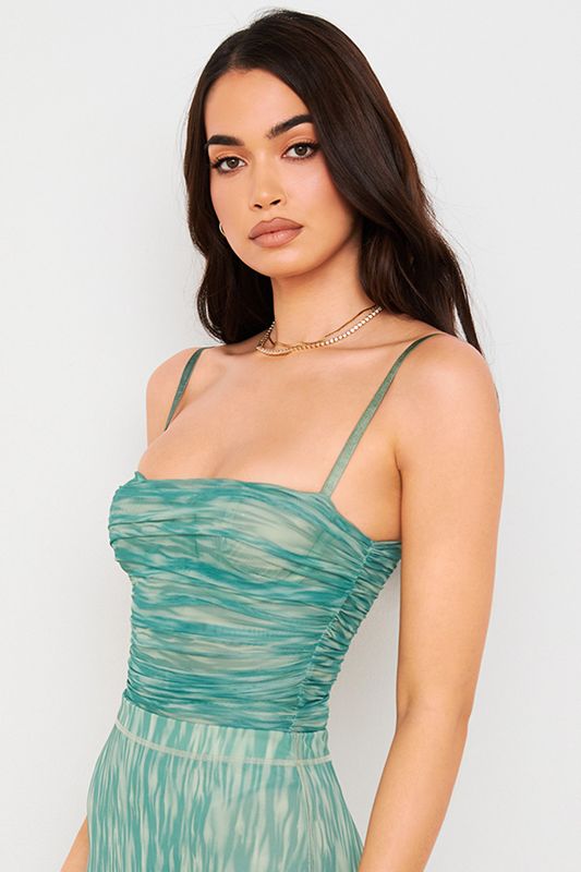 Dark Green House Of Cb Print Ruched Mesh Bodysuit | DJB-743265