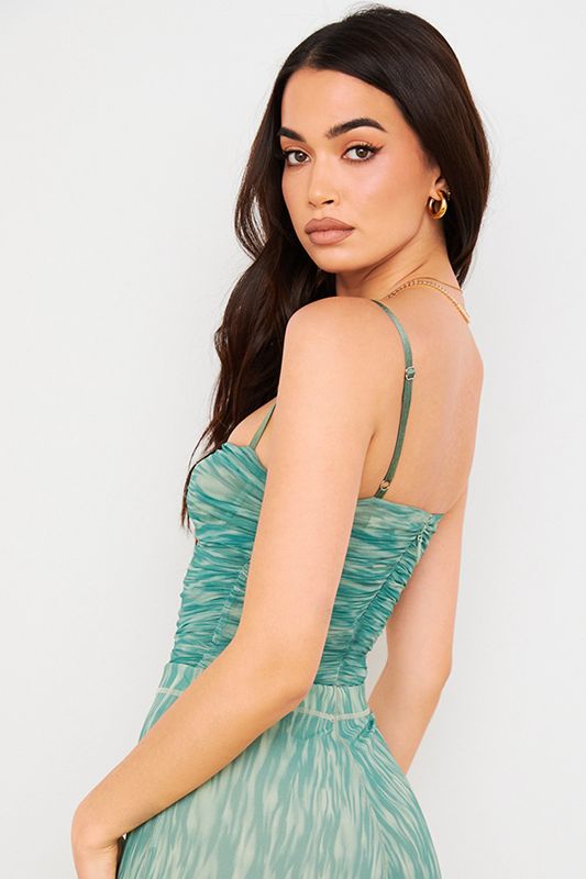 Dark Green House Of Cb Print Ruched Mesh Bodysuit | DJB-743265