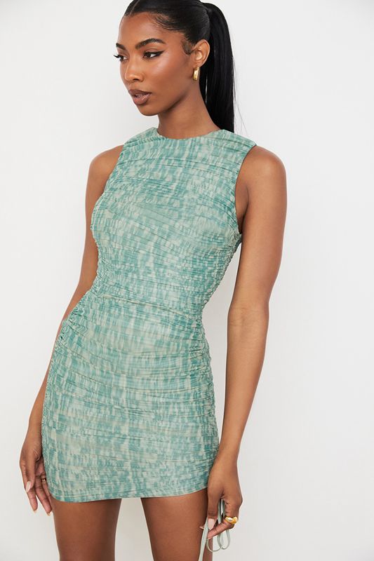 Dark Green House Of Cb Ruched Mesh Mini Dress | VMH-856971