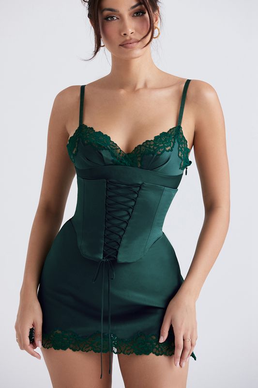 Dark Green House Of Cb Satin Slip Dress | VEB-395012