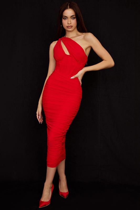 Deep Red House Of Cb Asymmetric Cutout Midi Dress | GLF-871326