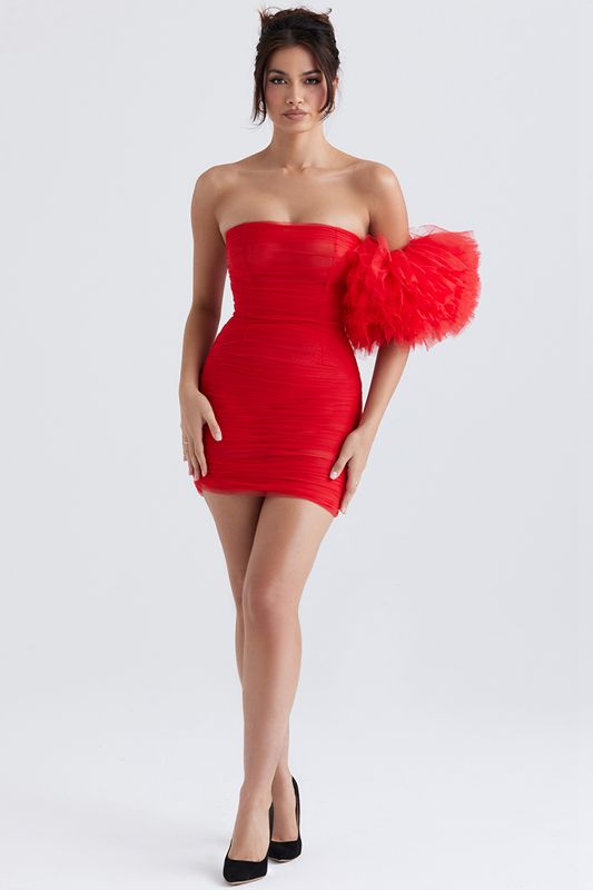 Deep Red House Of Cb Ruffle Sleeve Dress | EVA-105423