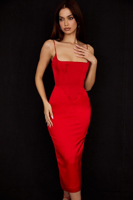 Deep Red House Of Cb Satin  Midi Dress | WCG-503496