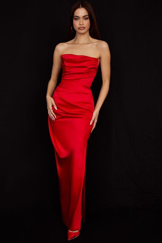 Deep Red House Of Cb Satin Strapless Gown Dress | AIE-730459