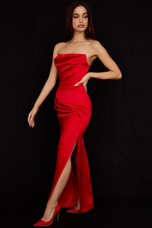 Deep Red House Of Cb Satin Strapless Gown Dress | AIE-730459