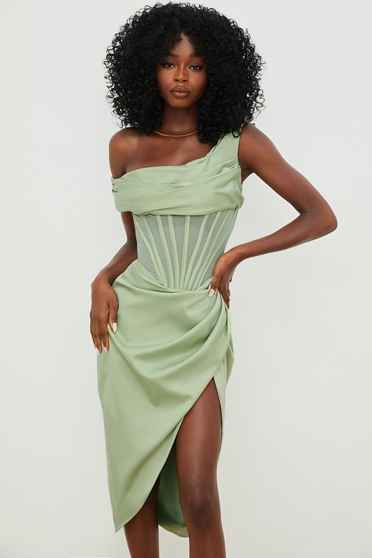 Green House Of Cb Asymmetric Drape Midi Dress | NUE-837249