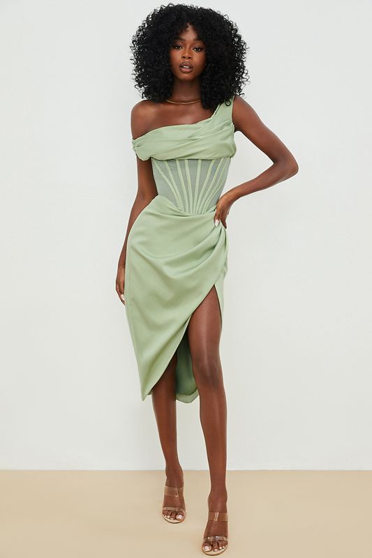 Green House Of Cb Asymmetric Drape Midi Dress | NUE-837249