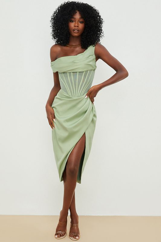 Green House Of Cb Asymmetric Drape Midi Dress | NUE-837249