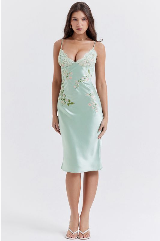 Green House Of Cb Jade Embroidered Slip Dress | TEP-769452