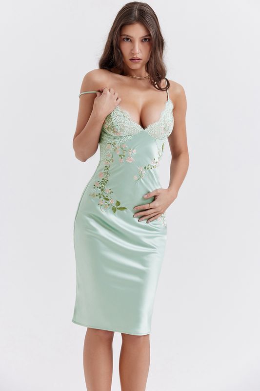 Green House Of Cb Jade Embroidered Slip Dress | TEP-769452