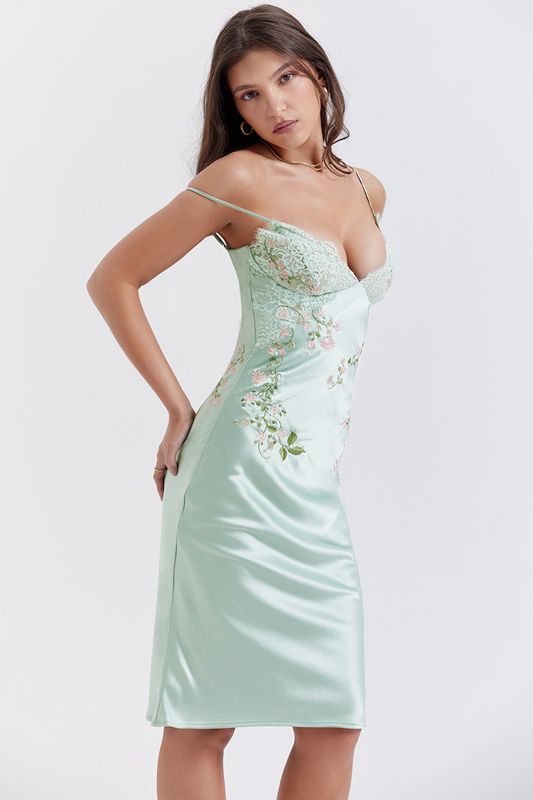 Green House Of Cb Jade Embroidered Slip Dress | TEP-769452