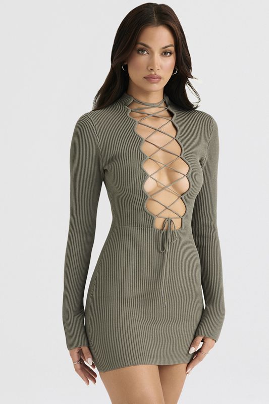 Green House Of Cb Knit Lace Up Dress | MXY-406318