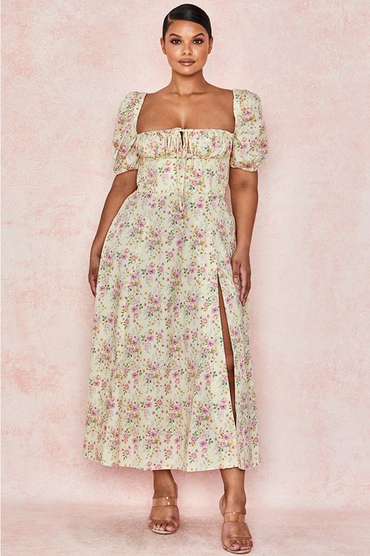 Lemon House Of Cb Floral Puff Sleeve Midi  Dress | LFQ-319465