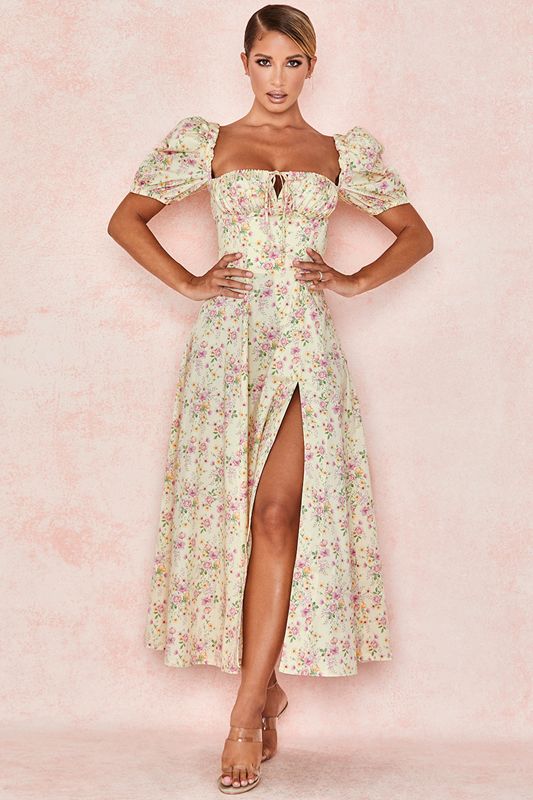 Lemon House Of Cb Floral Puff Sleeve Midi  Dress | LFQ-319465