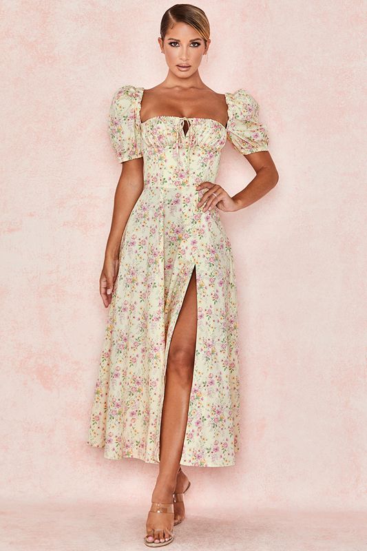 Lemon House Of Cb Floral Puff Sleeve Midi  Dress | LFQ-319465