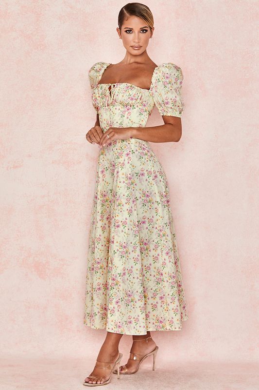 Lemon House Of Cb Floral Puff Sleeve Midi  Dress | LFQ-319465