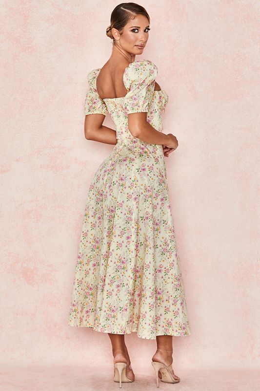 Lemon House Of Cb Floral Puff Sleeve Midi  Dress | LFQ-319465