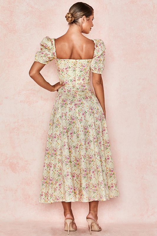 Lemon House Of Cb Floral Puff Sleeve Midi  Dress | LFQ-319465