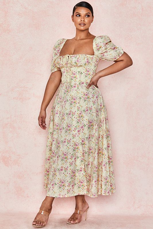 Lemon House Of Cb Floral Puff Sleeve Midi  Dress | LFQ-319465