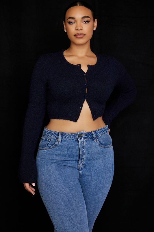 Navy House Of Cb Fluffy Knit Cropped Cardigan | CMN-129483