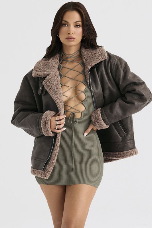 Olive House Of Cb Green Vegan Shearling Aviator  Jacket | HMJ-958043