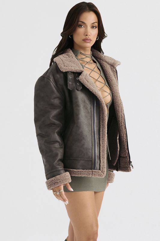 Olive House Of Cb Green Vegan Shearling Aviator  Jacket | HMJ-958043