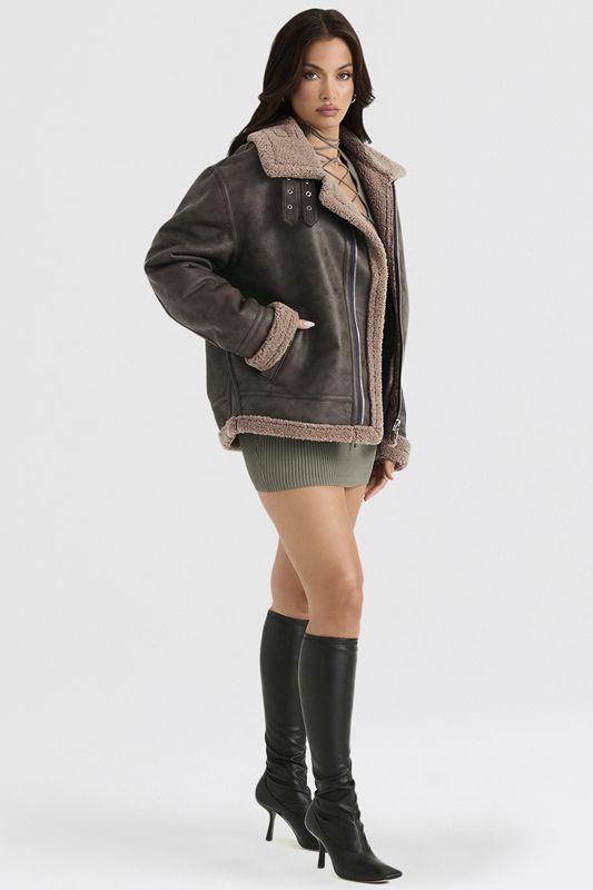 Olive House Of Cb Green Vegan Shearling Aviator  Jacket | HMJ-958043