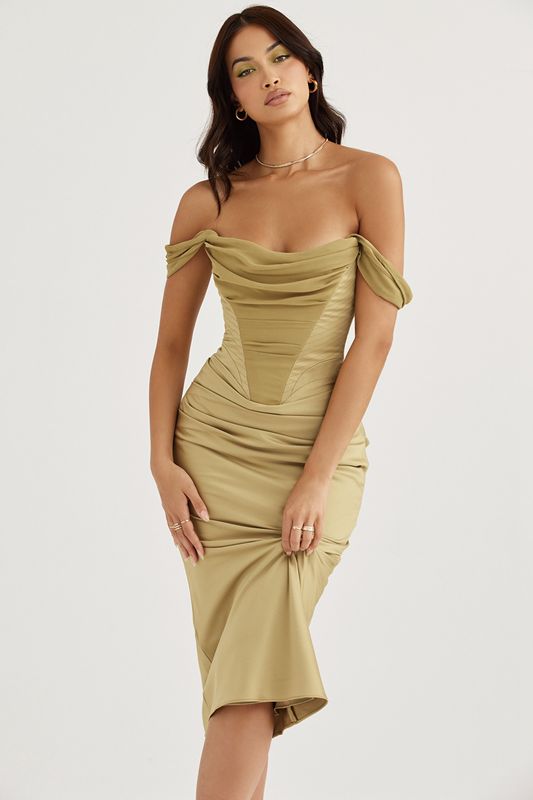 Olive House Of Cb Satin  Midi Dress | MOZ-985430