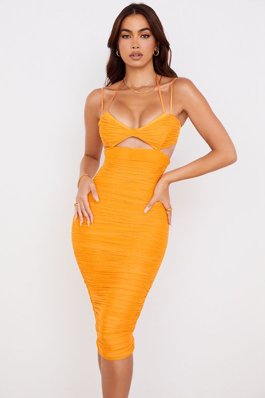 Orange House Of Cb Cutout Ruched Midi Dress | BZK-429806