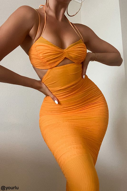 Orange House Of Cb Cutout Ruched Midi Dress | BZK-429806