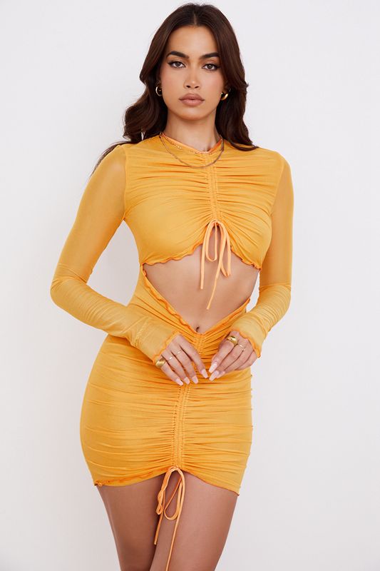 Orange House Of Cb Ruched Mesh Long Sleeve Cutout Mini Dress | ZVG-038526