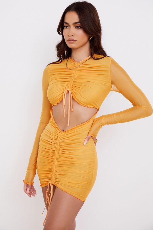 Orange House Of Cb Ruched Mesh Long Sleeve Cutout Mini Dress | ZVG-038526