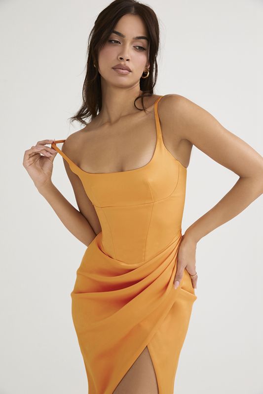 Orange House Of Cb Satin Pleated Midi Dress | CIT-296531