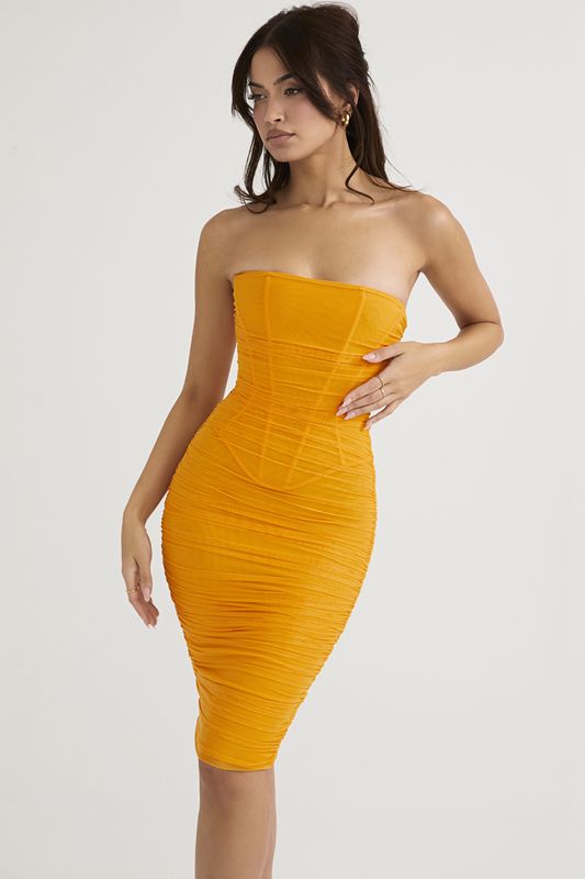 Orange House Of Cb Strapless Ruched Midi Dress | STU-319702