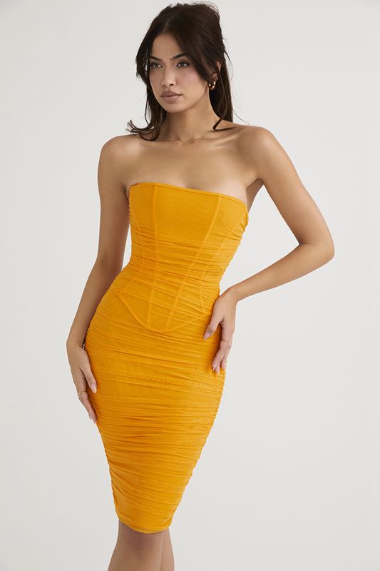 Orange House Of Cb Strapless Ruched Midi Dress | STU-319702