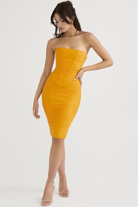 Orange House Of Cb Strapless Ruched Midi Dress | STU-319702