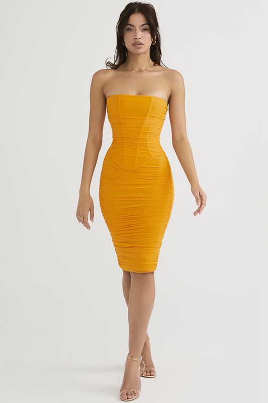 Orange House Of Cb Strapless Ruched Midi Dress | STU-319702