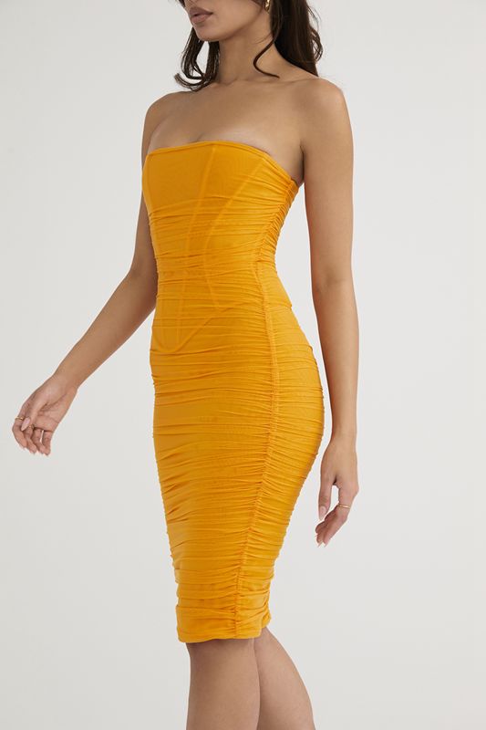 Orange House Of Cb Strapless Ruched Midi Dress | STU-319702