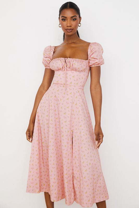 Pink House Of Cb Floral Puff Sleeve Midi Dress | YFZ-312095