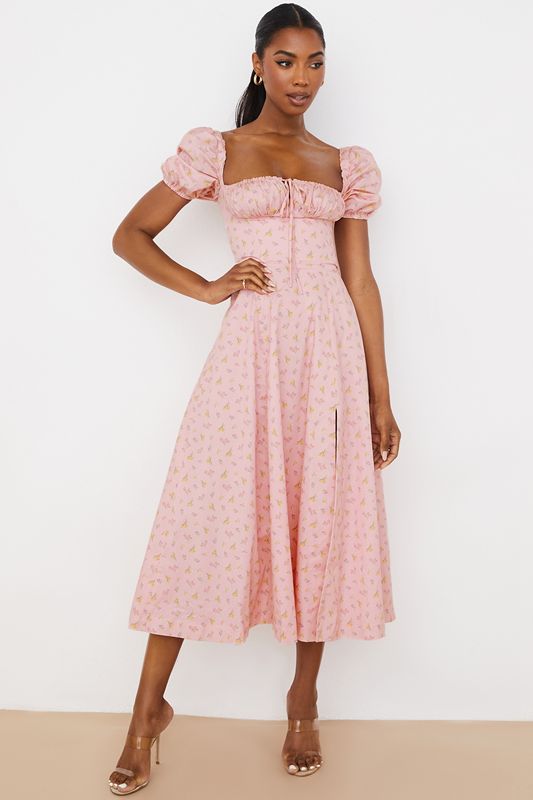 Pink House Of Cb Floral Puff Sleeve Midi Dress | YFZ-312095