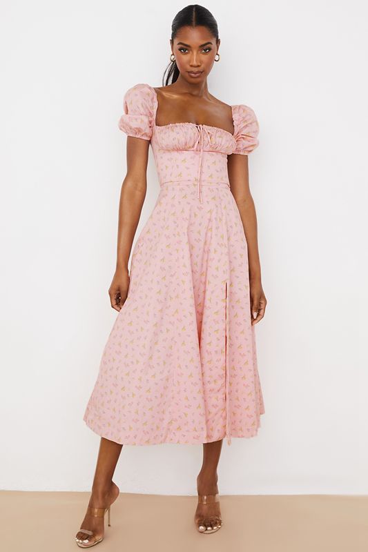 Pink House Of Cb Floral Puff Sleeve Midi Dress | YFZ-312095