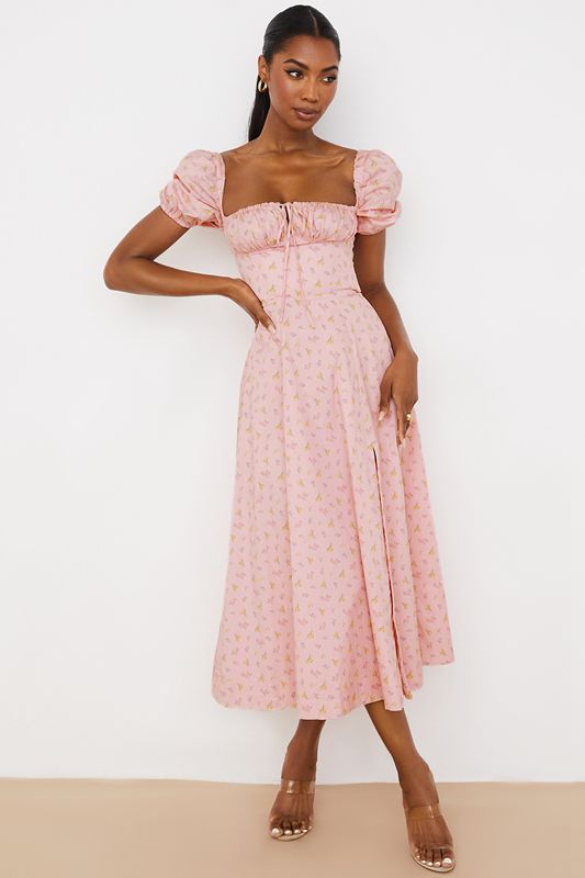 Pink House Of Cb Floral Puff Sleeve Midi Dress | YFZ-312095