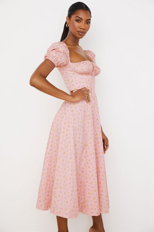 Pink House Of Cb Floral Puff Sleeve Midi Dress | YFZ-312095