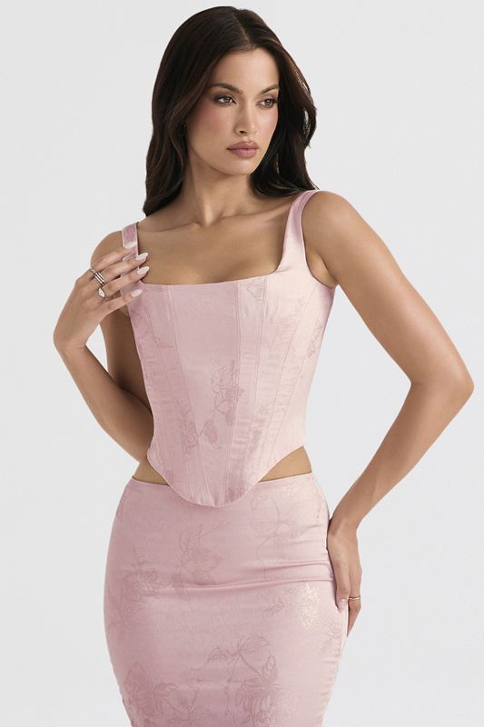 Pink House Of Cb Floral Satin Longline Corset | CUE-107682