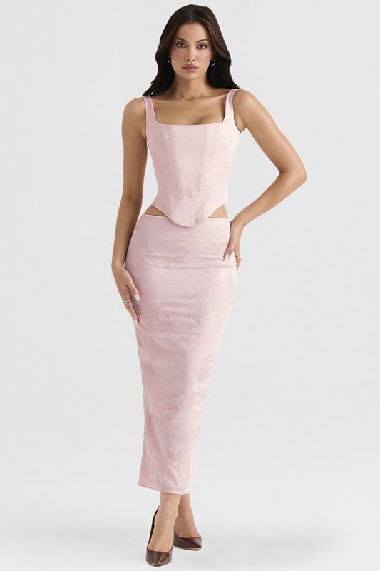 Pink House Of Cb Metallic Floral Satin Midi  Skirts | ESR-576139