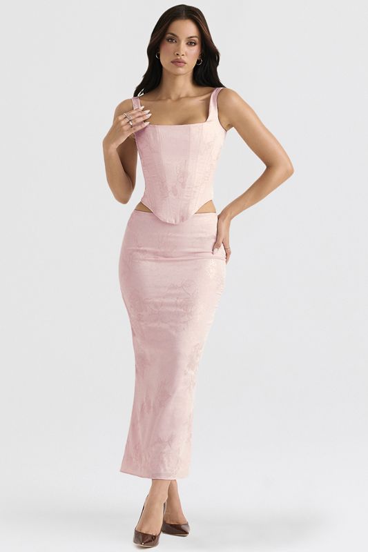 Pink House Of Cb Metallic Floral Satin Midi  Skirts | ESR-576139