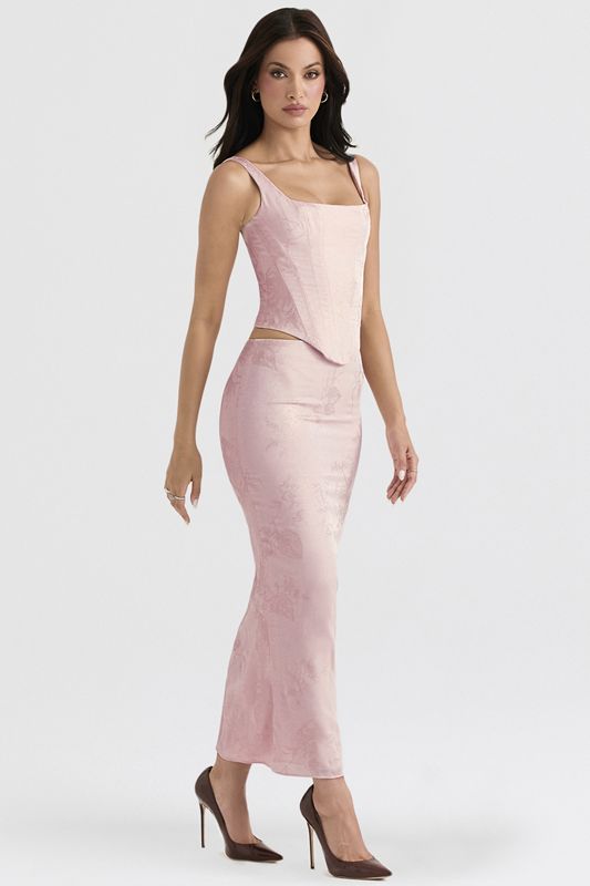 Pink House Of Cb Metallic Floral Satin Midi  Skirts | ESR-576139