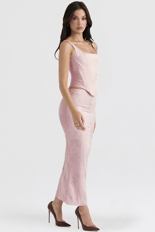 Pink House Of Cb Metallic Floral Satin Midi  Skirts | ESR-576139